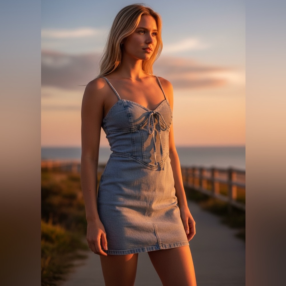 PrettyLittleThing Light Blue Denim Tie-Front Cotton Blend Mini Dress NWT